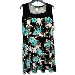 Rodan Floral Fit & Flare Dress XL Black Blue Sleeveless NWT